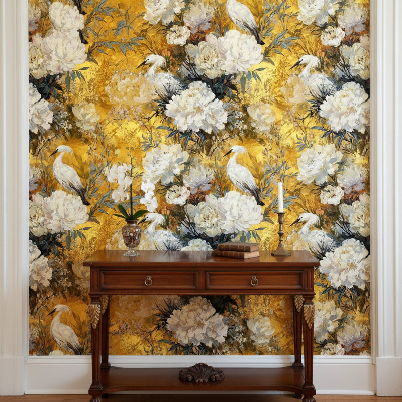 Papier peint floral, décoration murale rétro dorée