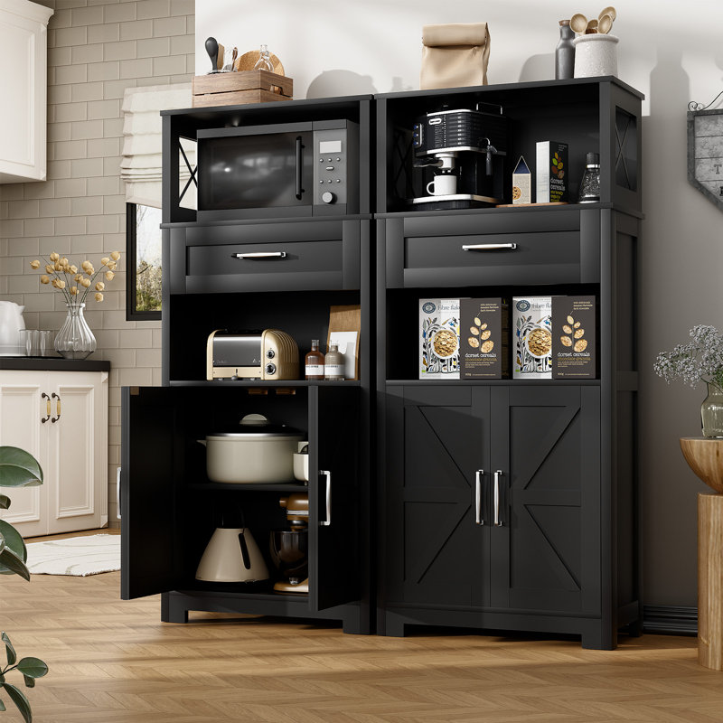 Garde-manger 55 po Farmhouse, armoire de rangement à 5 niveaux avec 2 portes de grange et tiroir, grande armoire de buffet pour les bureaux à domicile, noir