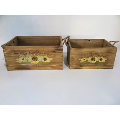 Set Of 2 Sunflowers Wooden With Rope Handles Decorative Crates