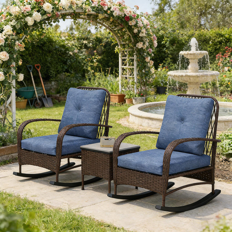 3-Piece Wicker Patio Bistro Set, Dark Blue, Brown