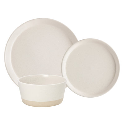 Service de table 12 pièces pour 4 personnes, ensemble de vaisselle en grès crème deux tons, assiettes et bols modernes mouchetés, vaisselle rustique