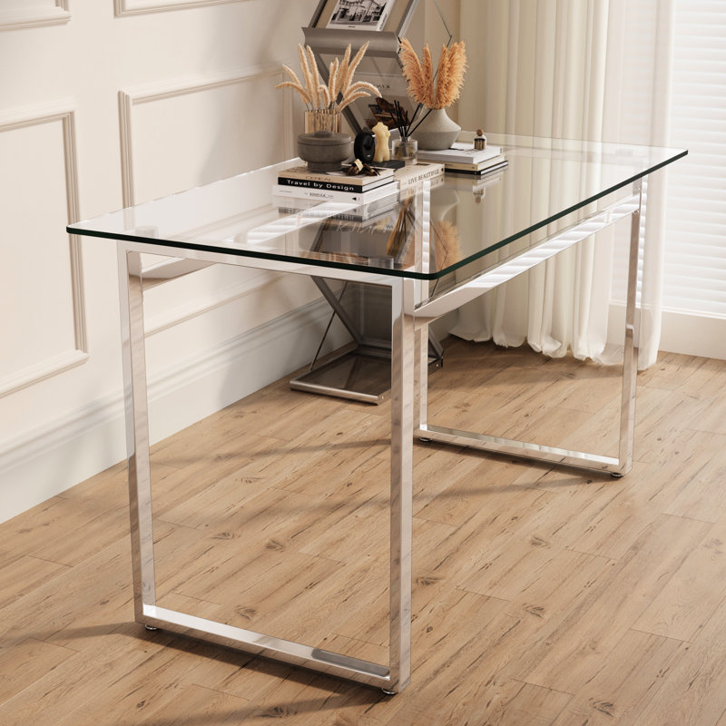 Table d'écriture rectangulaire de 130 cm (51 po) en verre trempé pour 4 à 6 personnes, avec pieds en métal argenté, résistante aux rayures, idéale pour la cuisine, le salon et la salle à manger. Verre de 8 mm (0,31 po) d'épaisseur. Design moderne et élégant.