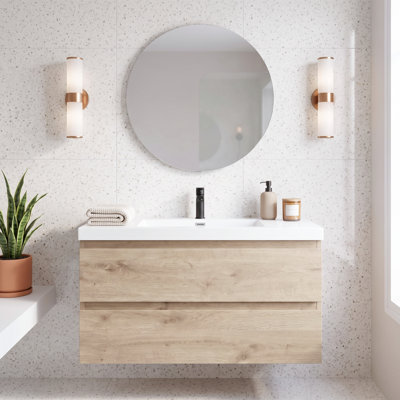 Meuble-lavabo mural de 91 cm (36 po) en bois naturel MFC avec dessus en résine blanche brute et carbonate de calcium, avec deux tiroirs coulissants en forme de U à fermeture douce, préassemblé.