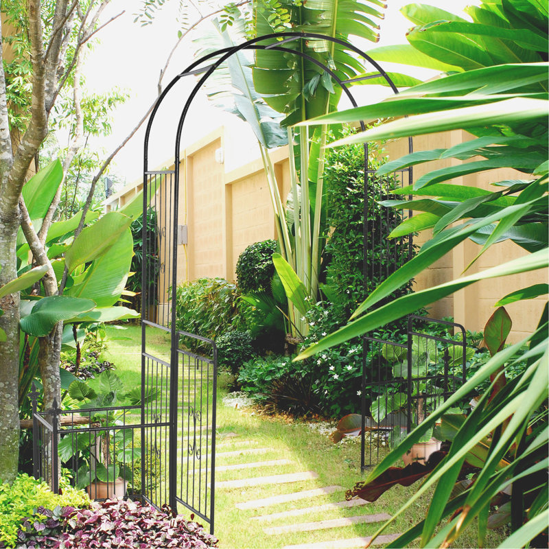 Jardin en métal 86,5 po de hauteur avec treillis, barrière verrouillable, jardinière, mariage, boîte à vignes grimpante, côtés de treillis 86 po, vignes verrouillables, noir