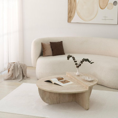 Modern Coffee Table, Travertine Color, 35.4 x 35.4 x 13.8 inches | 100% Melamine Coated Particle Board, Thickness: 0.7 inches | Stylish Solid Beige Design, Perfect for Living Room & Contemporary Spaces, Durable & Easy to Clean