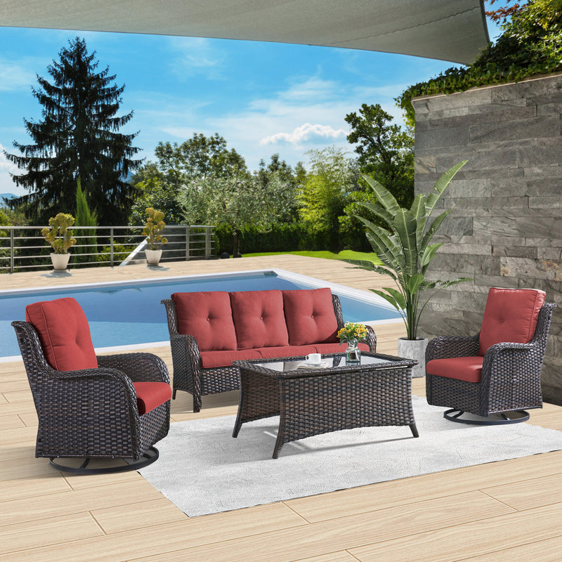 Avimael Wicker - Person Patio Conversation Set with Cushions, Red, Brown