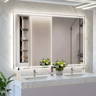 Miroir de salle de bain 60 x 40 pouces à DEL avec 3 modes de couleur, cadre en aluminium et bande lumineuse écoénergétique pour les salles de bain modernes