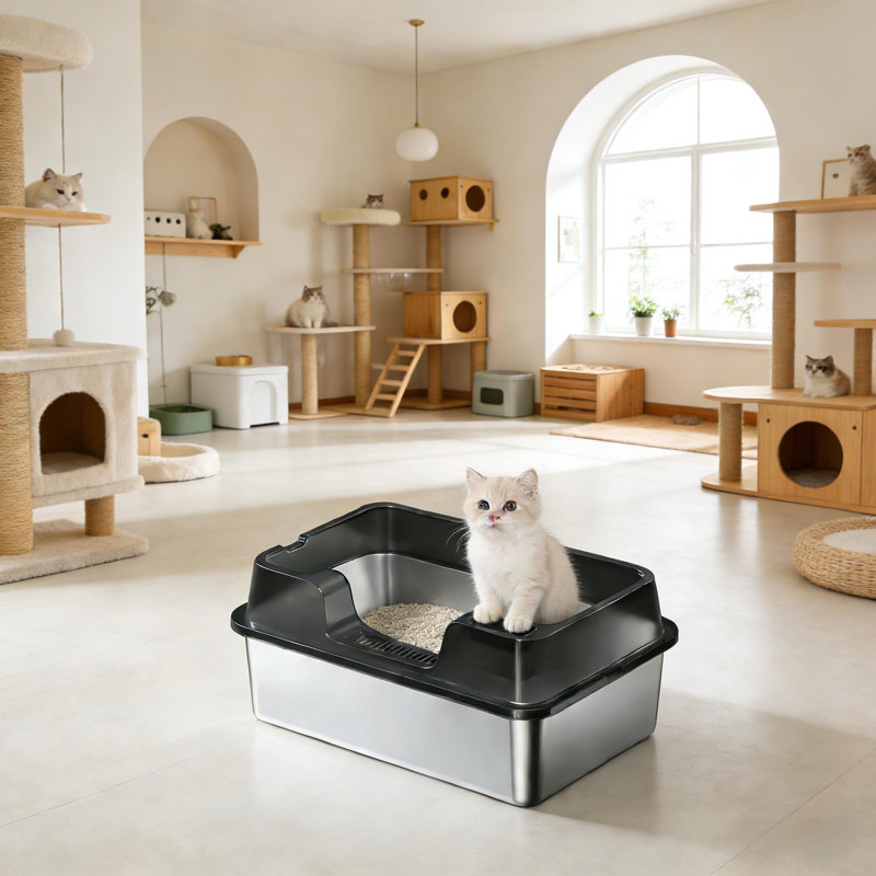 Litière en acier inoxydable avec couvercle pour gros chats, y compris pelle, 10.62" H x 23.62" W x 15.74" D, Noir/gris