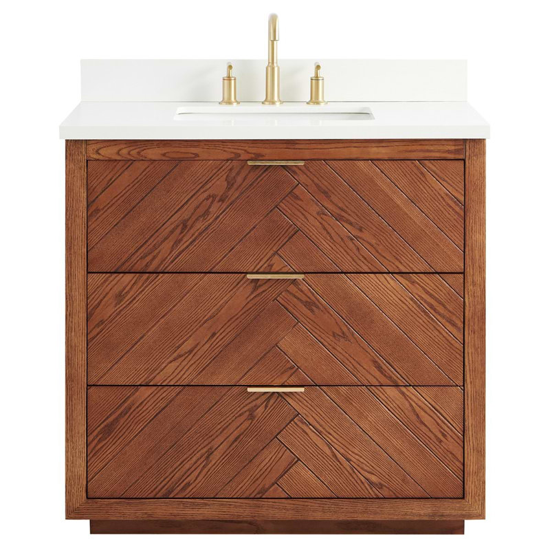 Meuble-lavabo simple autoportant à grain de bois 36 po avec plateau en quartz blanc pur Atilia, 36" W