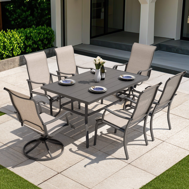 Patio 7 Pieces PVC-coated polyester Dining Set With Swivel Design, Umbrella Hole