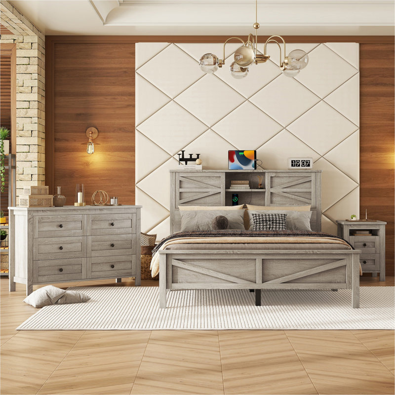 Ensemble de chambre à coucher 3 pièces (lit + 1 table de chevet + commode) avec station de charge, Gris antique, Grand