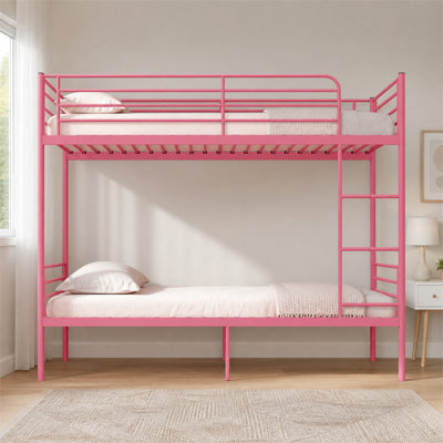Lit superposé amovible rose en métal (taille simple), avec échelle et garde-corps élevé, structure silencieuse et espace de rangement.
