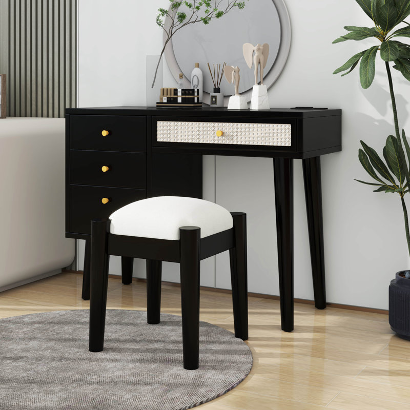 Dressing Table With 3 Storage Drawers And 1 Rectangular Rattan Drawer, Black