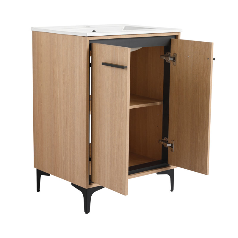 Armoire de salle de bain 24 po, lavabo et espace de rangement, matériau en bois d'ingénierie, couche de preuve, instructions d'assemblage faciles, déclaration de style américain, meuble-lavabo 24 po avec lavabo couleur chêne