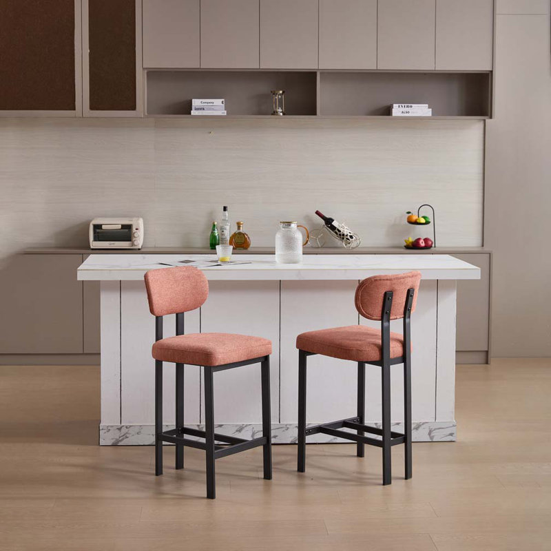 Upholstered Fabric Counter Height Barstool with Black Metal Legs for Dining Room, Rose