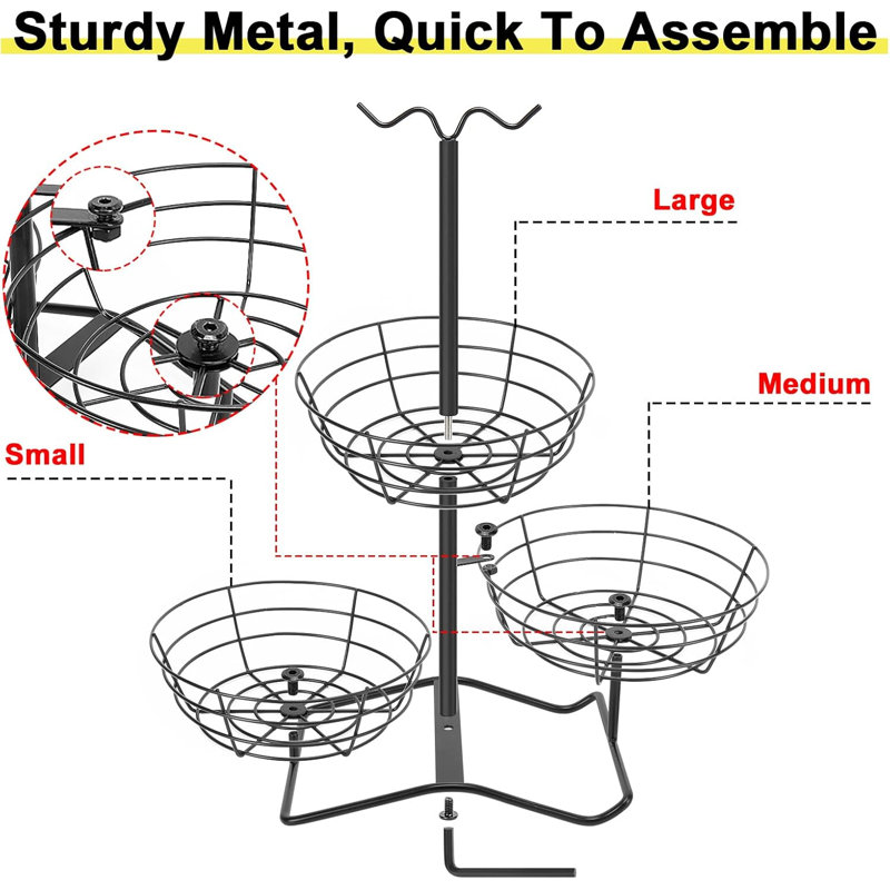 3 Tier Solid Metal Fruit Basket with 2 Banana Hooks - Large Capacity Stand for Kitchen Counter, Bread & Snack Produce Storage, Black