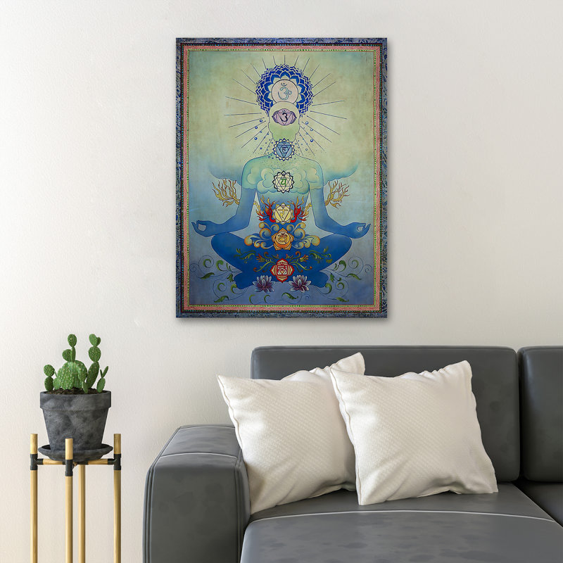 Meditating Man With Many Special Signs Arround - 1 pièce, reproduction d'art graphique sur toile tendue