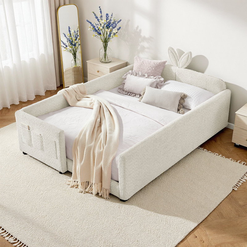 Base de lit plateforme avec coussin de sécurité et poche de rangement - tissu Boucle - Pas de sommier tapissier Cute Bunny Ear
