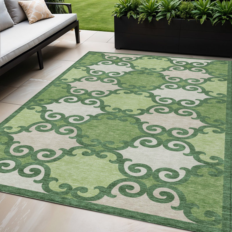 Tapis extérieur lavable à motif de treillis vert et ivoire 5 pi x 8 pi