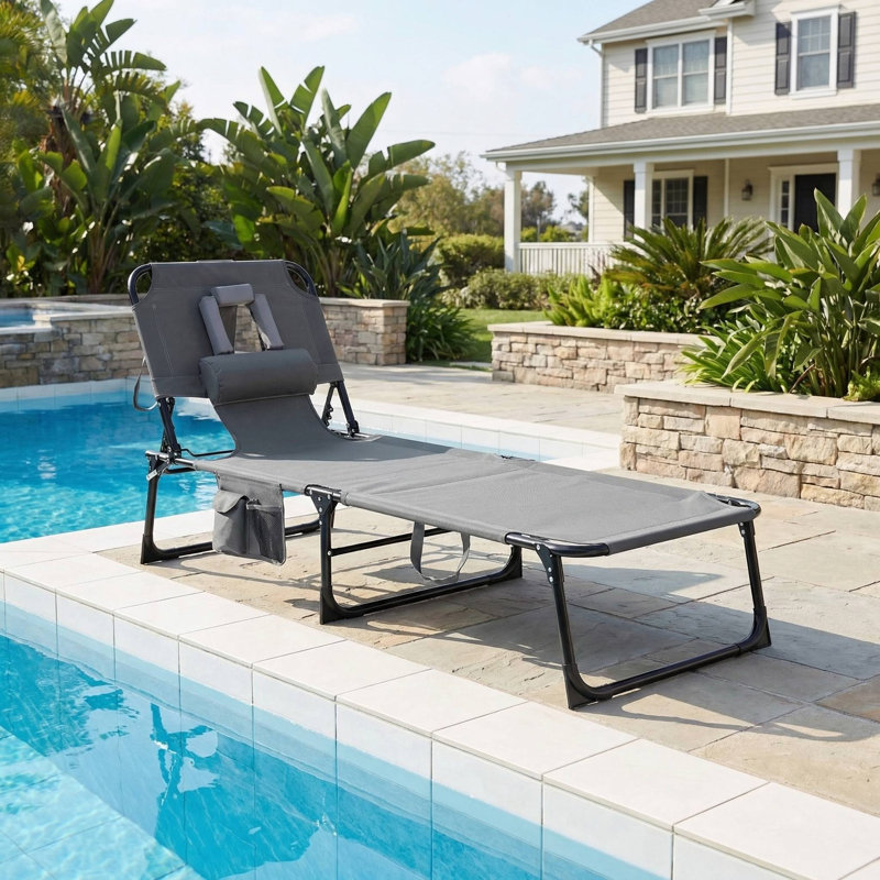 Foldable Outdoor Tanning Chair With Face And Arm Cutout Holes For Beach Poolside Backyard Sunbathing Use, Gray