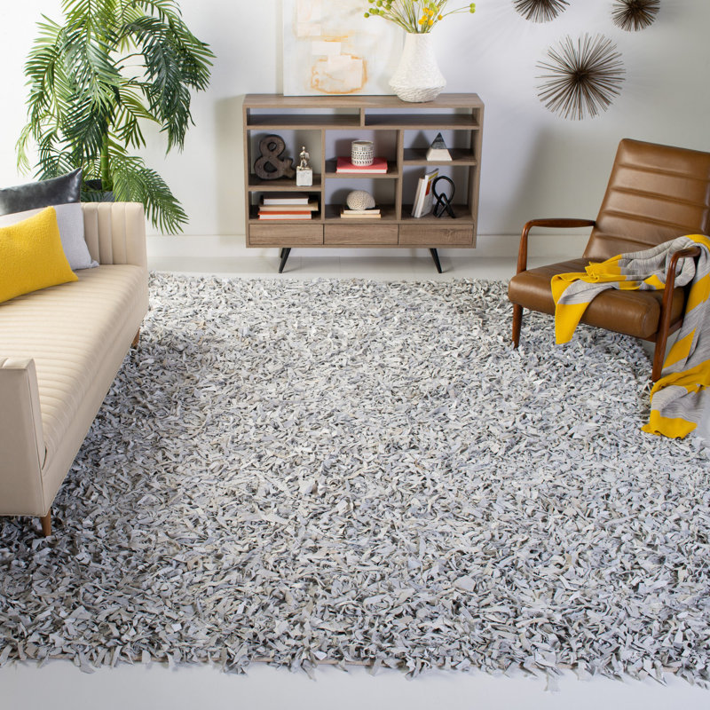Tapis blanc / gris en cuir tissé à la main Arik, Rectangle 5 pi x 8 pi