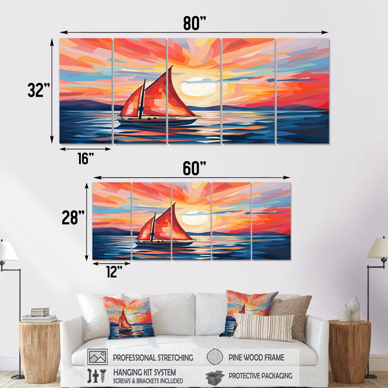 "Coucher de soleil sur un bateau à voile II, 5 pièces", 5 pièces, H 32 po x l 80 po