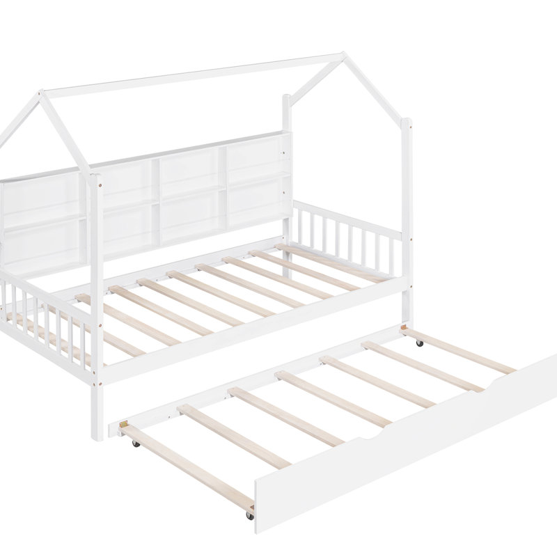 Lit simple en blanc avec lit gigogne et tablette en pin, Lit simple