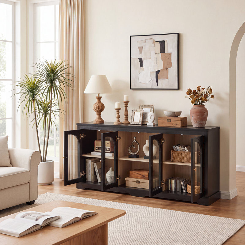 Grand buffet avec portes vitrées cintrées et tablettes ajustables, Black