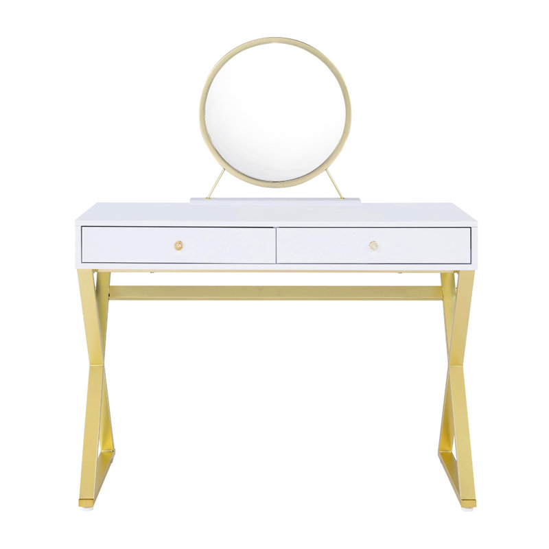 Rectangular White And Gold Vanity Desk With Mirror Jewelry Tray, Metal Frame, 2 Drawers For Spacious Bedroom Storage Solutions
