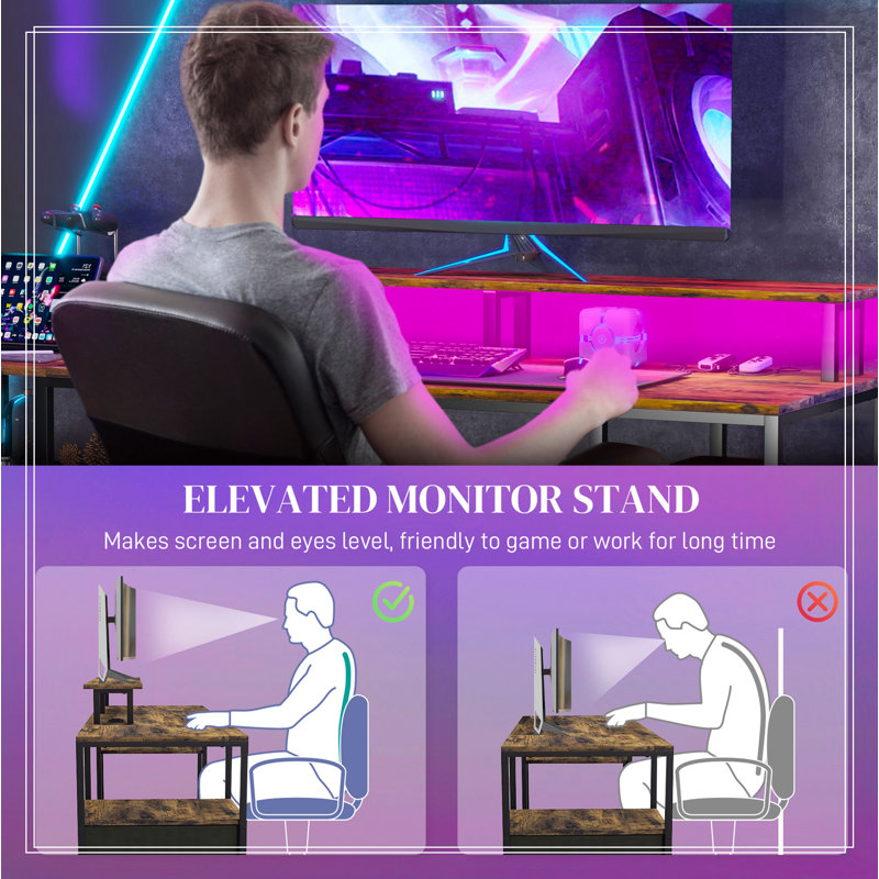 Computer Desk with LED Lights, USB Ports, Gaming Desk with Storage Shelves, Monitor Stand