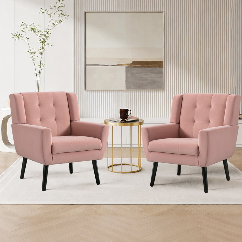 Tufted Upholstered Wide Back Armchair（Set of 2）, Pink Velvet