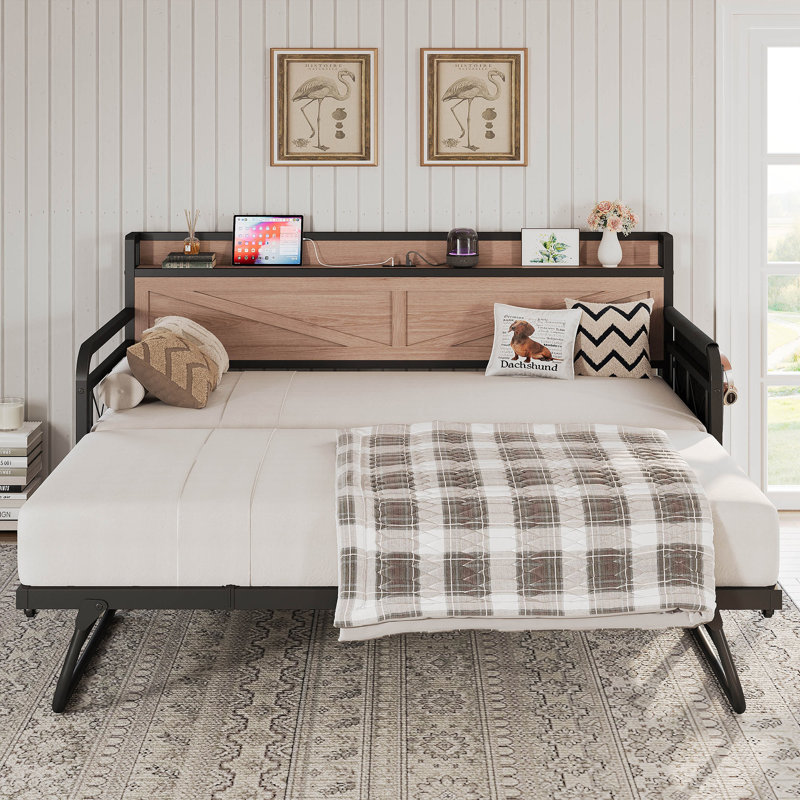 Twin Daybed with Pop Up Trundle,  Built-in Charging and Storage, Strong Metal Support, Wood