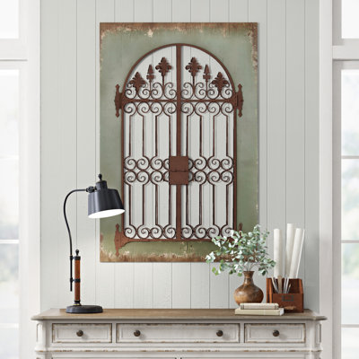 Rutherford Wood Arched Windowpane Fleur De Lis Blue Wall Decor with Rust Metal Scrolled Gate