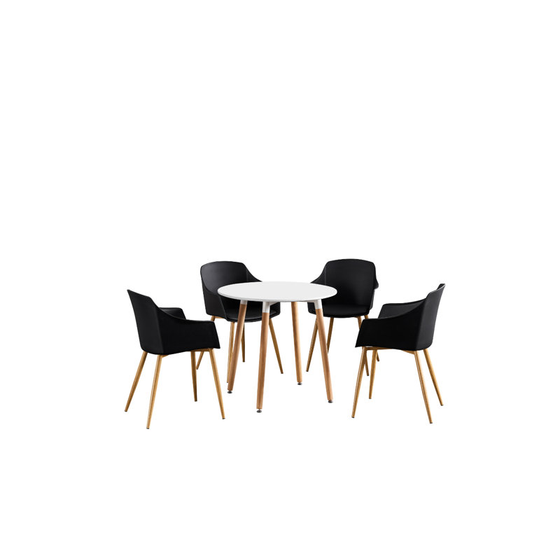 Topsham 4 Person Dining set - a Round Plastic Dining Table with Wooden Legs and a Set of 4 Faux Leather Cushion Padded Dining Chairs for Dining Room - Modern Dining Table Set
