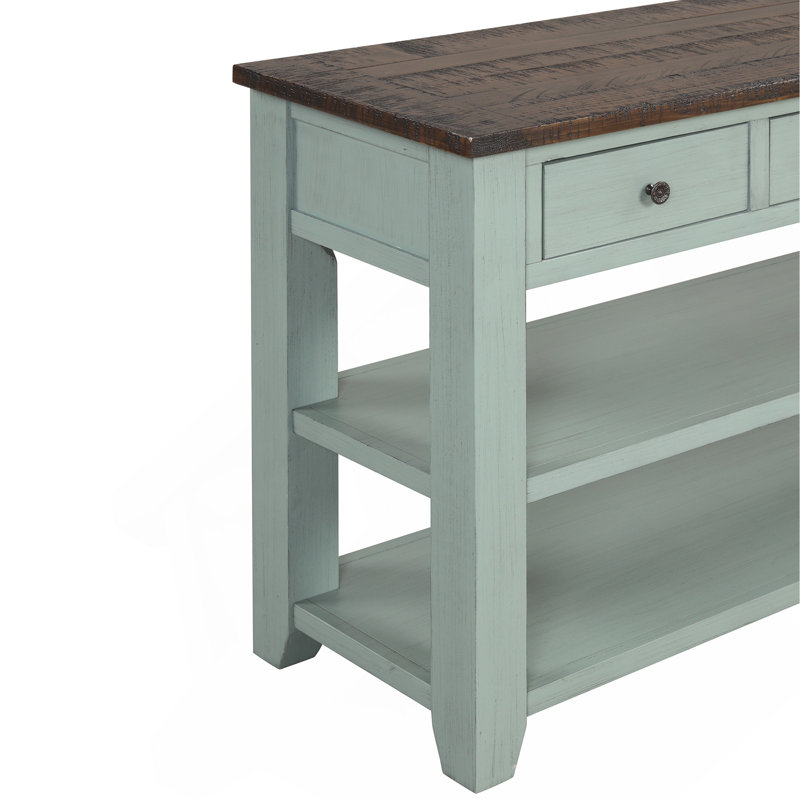 Console en bois de pin massif 48 po, table d'appoint moderne avec 3 tiroirs de rangement et 2 tablettes. Facile à assembler (blanc antique + plateau brun)