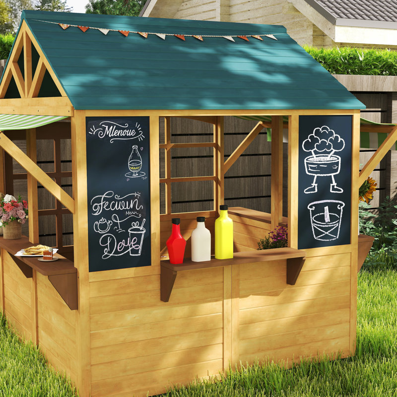 Foldable Outdoor Playhouse, Wooden Kids Cottage with Windows, Working Door, Snack Bars, Waterproof Covers, Blackboards, for Kids 3-8 Years, Brown