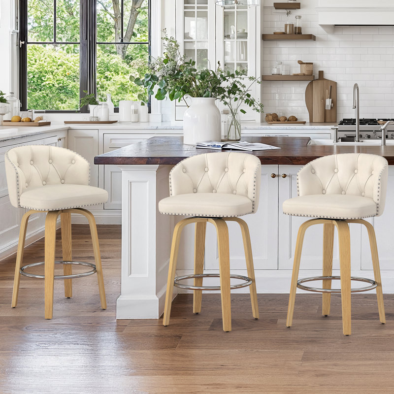 Tabouret de bar et de comptoir pivotant rembourré avec structure en bois (ensemble de 3), 3, Blanc, bois