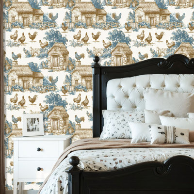 Renter Friendly Peel and Stick Wall Mural Vintage Farmhouse Roosters Rustic Cottages Blue Tan Tones Vinyl  Waterproof Removable for Room  Bathroom  Cabinet & Shelves door
