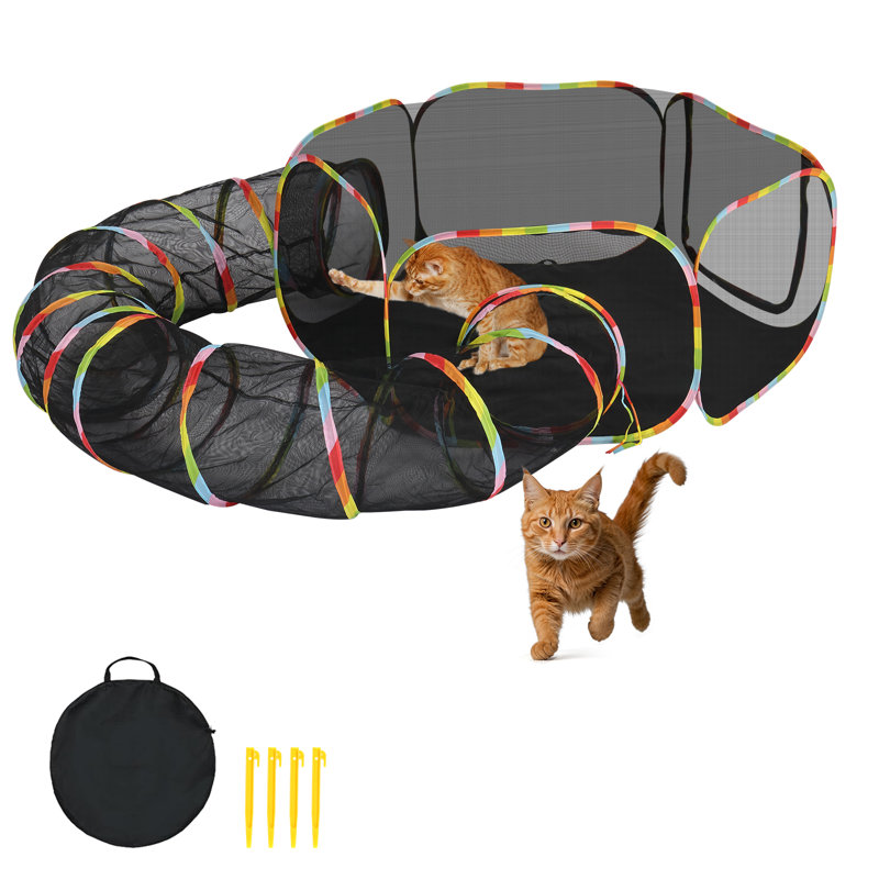 Black Mesh Outdoor Portable Cat Play Tent with Tunnel