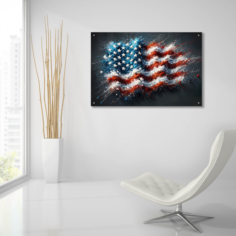  «American Flag Paint Splash Style» par Rey Klimt, art mural en verre acrylique, 24 po x 16 po, H 24 po x l 36 po x P 0,2 po