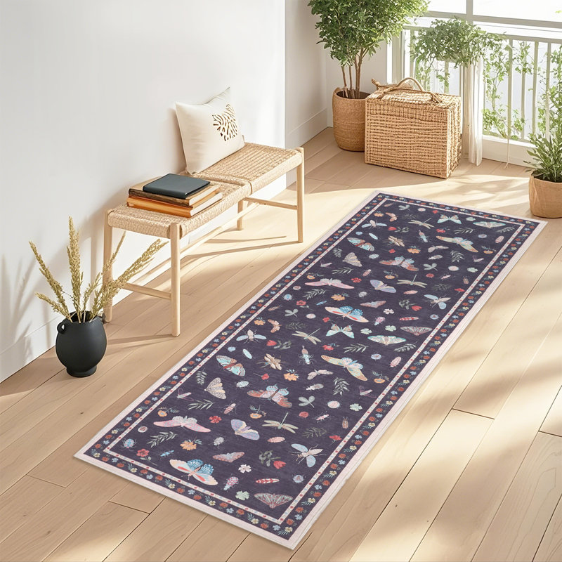 Insect Floral Area Rugs Modern Accent Carpet with Non-Slip Backing, Stain-Resistant Low Pile Floor Cover, Machine Washable Ultra-Soft Indoor Mat for Living Room, Bedroom, Kitchen