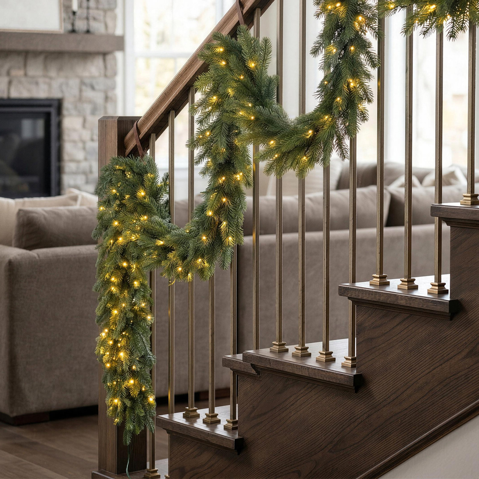 12ft Pre-Lit Greenery Pine Garland – 300 White/Multi-Color Twinkling Lights, 10 Functions, 9'