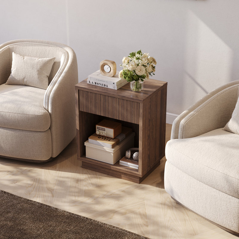 Ensemble de 2 tables de chevet avec tiroirs cannelés, tables de chevet blanches avec tablettes ouvertes, Walnut