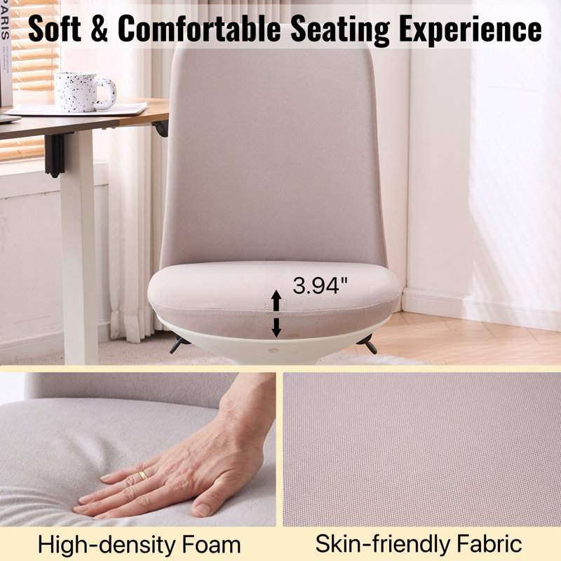Upholstered Armless Task Chair, Swivel Desk Chair With Wheels, Adjustable Vanity Chair for Make Up, Beige