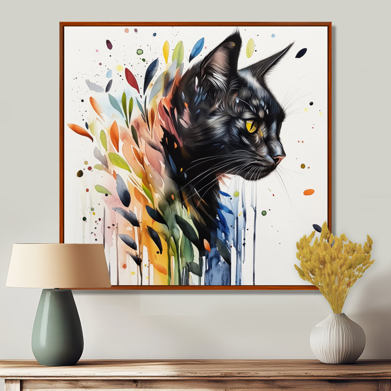 Portrait de chat botanique moderne, H 16 po x l 16 po, Reproduction avec cadre flottant, Brun