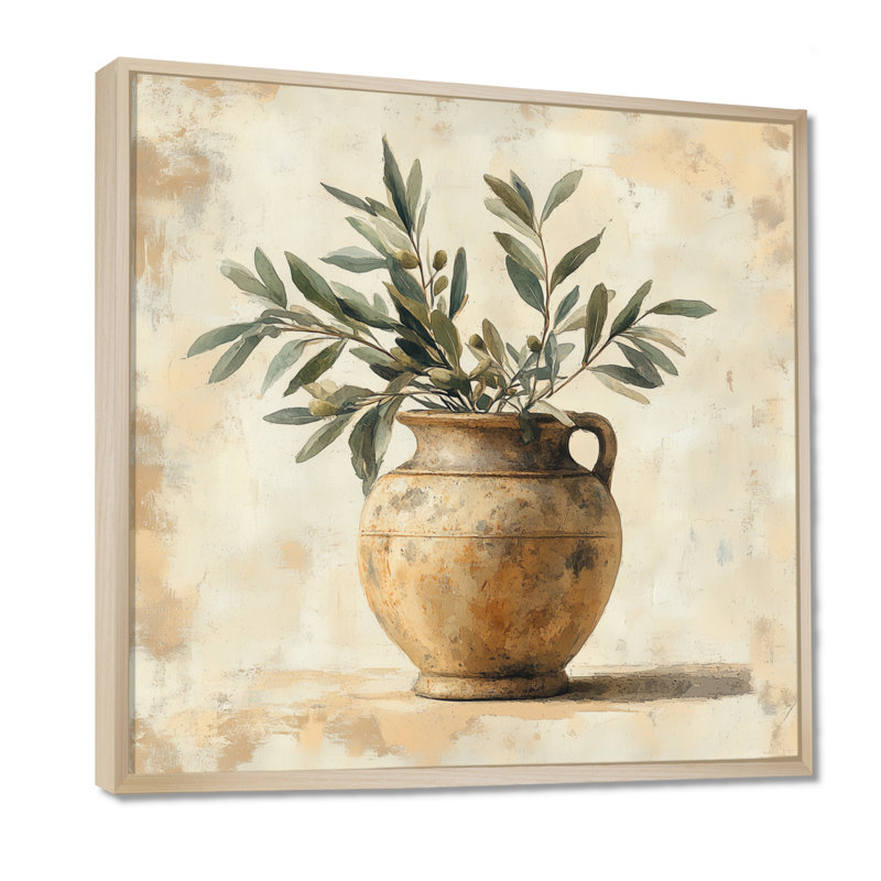 Urne antique, art mural rétro - art antique avec branches olive, H 36 po x l 36 po, Cadre naturel flottant