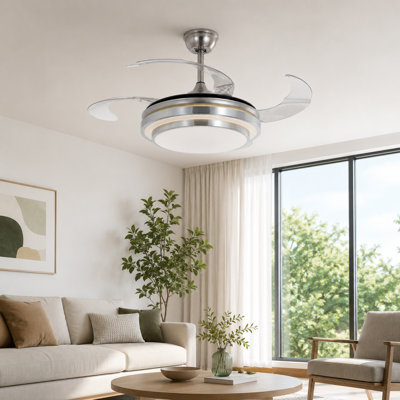 Ventilateur de plafond 42 po rétractable argenté avec lumière et télécommande, Fandelier moderne à 6 vitesses avec pales transparentes et 3 couleurs DEL