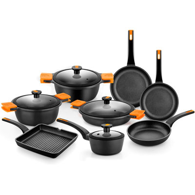 BRA COOKWARE Efficient Pro 12-Piece Nonstick Cookware Set | Cast Aluminum Pots & Pans Set w/ 2 Pots, 1 Sauté Pan, 3 Fry Pans, 1 Saucepan, 1 Grill, 4 Lids | 3-Layer Nonstick | All Cooktops | PFOA Free