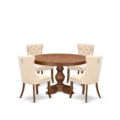 5-Piece Kitchen Table Set with Polyester fabric 4 Light Beige parson dining chairs, Button-Tufted Backs, and a 48"Round Kitchen Table in Antique Walnut Finish.