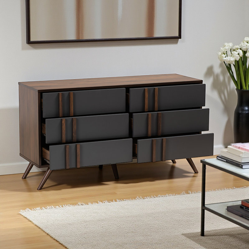 Naoki Modern and Contemporary Grey/Walnut 6-Drawer Bedroom Dresser, 3" H X 20.2" W X 10.6" D